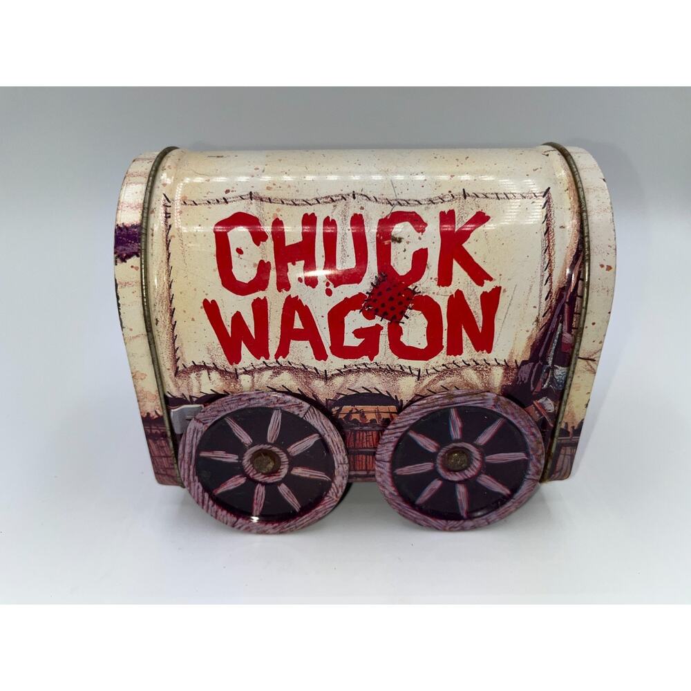Cowboy Pioneer Prairie Schooner Chuck Wagon Metal Food Tin Western Litho Art